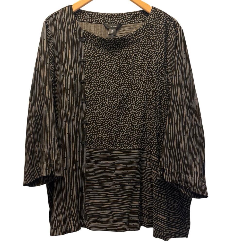 Ali Miles Womens Tunic Blouse Mixed Abstract Brown Asymmetric Frog Button Top 2X